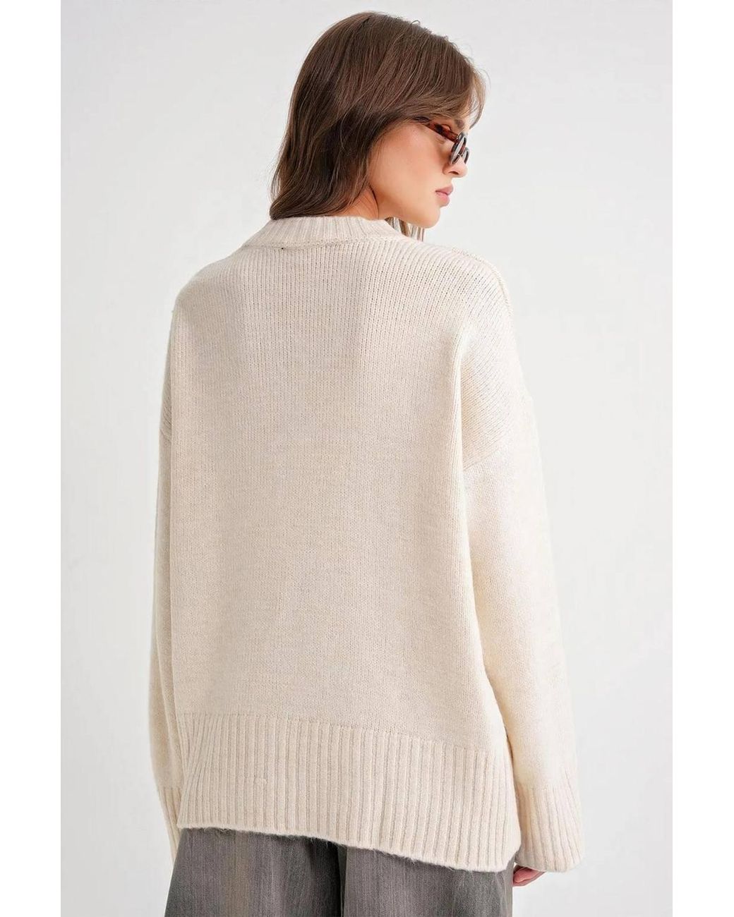 MixRay Natural Oversized Ribbed Knit Sweater With Crew Neck