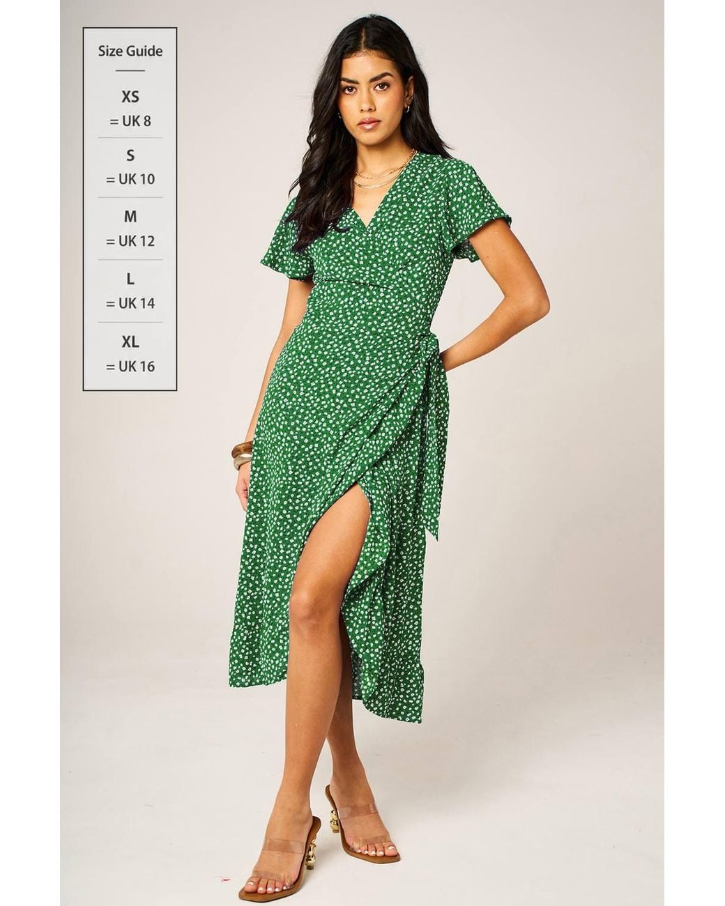 FS Collection Green Angel Sleeve Floral Wrap Midi Dress With Hem Frill Detail