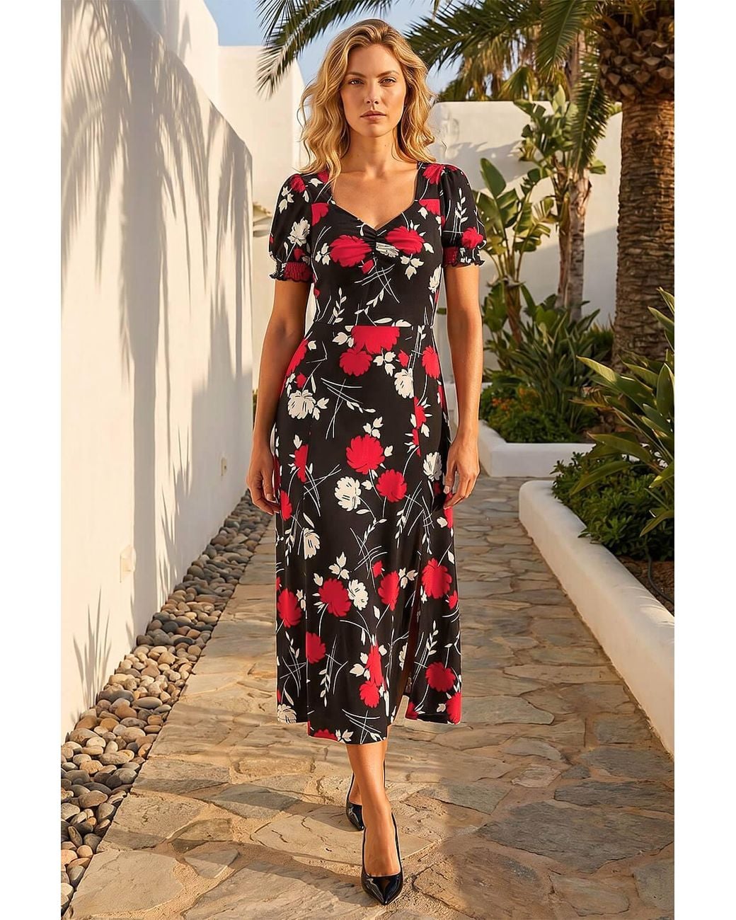 Roman Black Floral Print Ruched Midi Dress