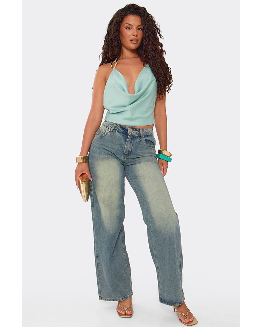 EGO White Sleeveless Halter Neck Satin Top