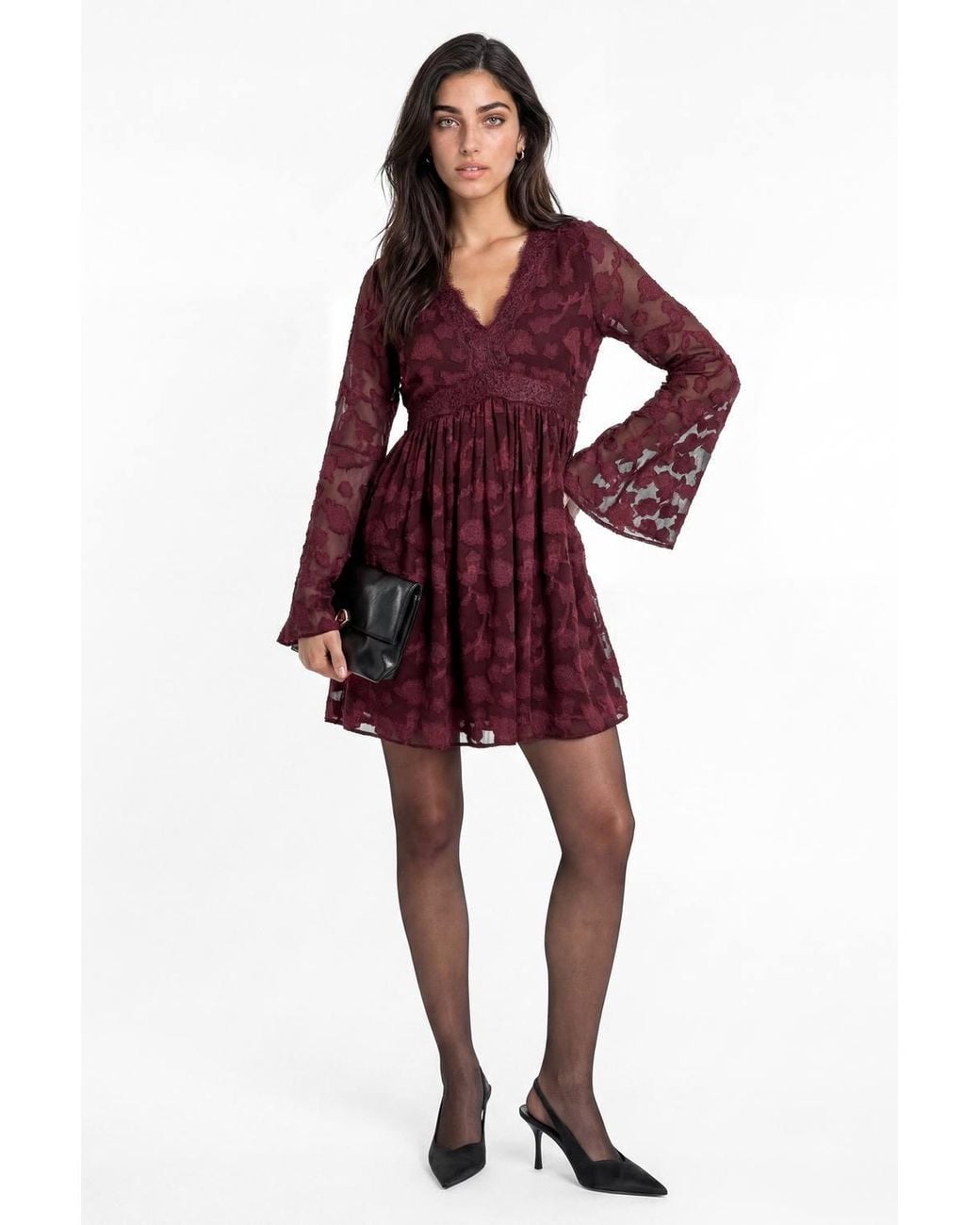 Lovedrobe Red Floral Burnout Lace Detail Long Sleeve Mini Dress