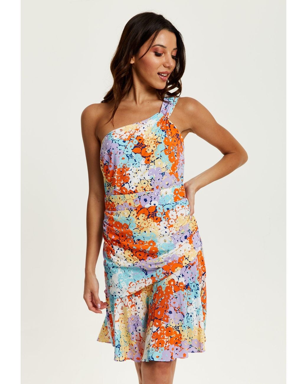 Liquorish Red Multicolour Floral Print One Shoulder Mini Dress