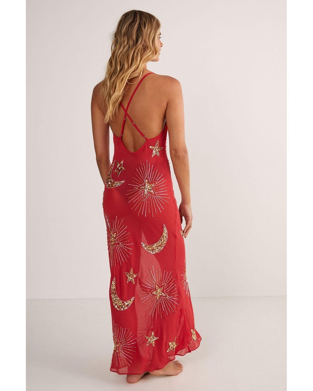 Nasty Gal Red Premium Hand Embellished Celestial Cowl Neck Maxi Beach Dress