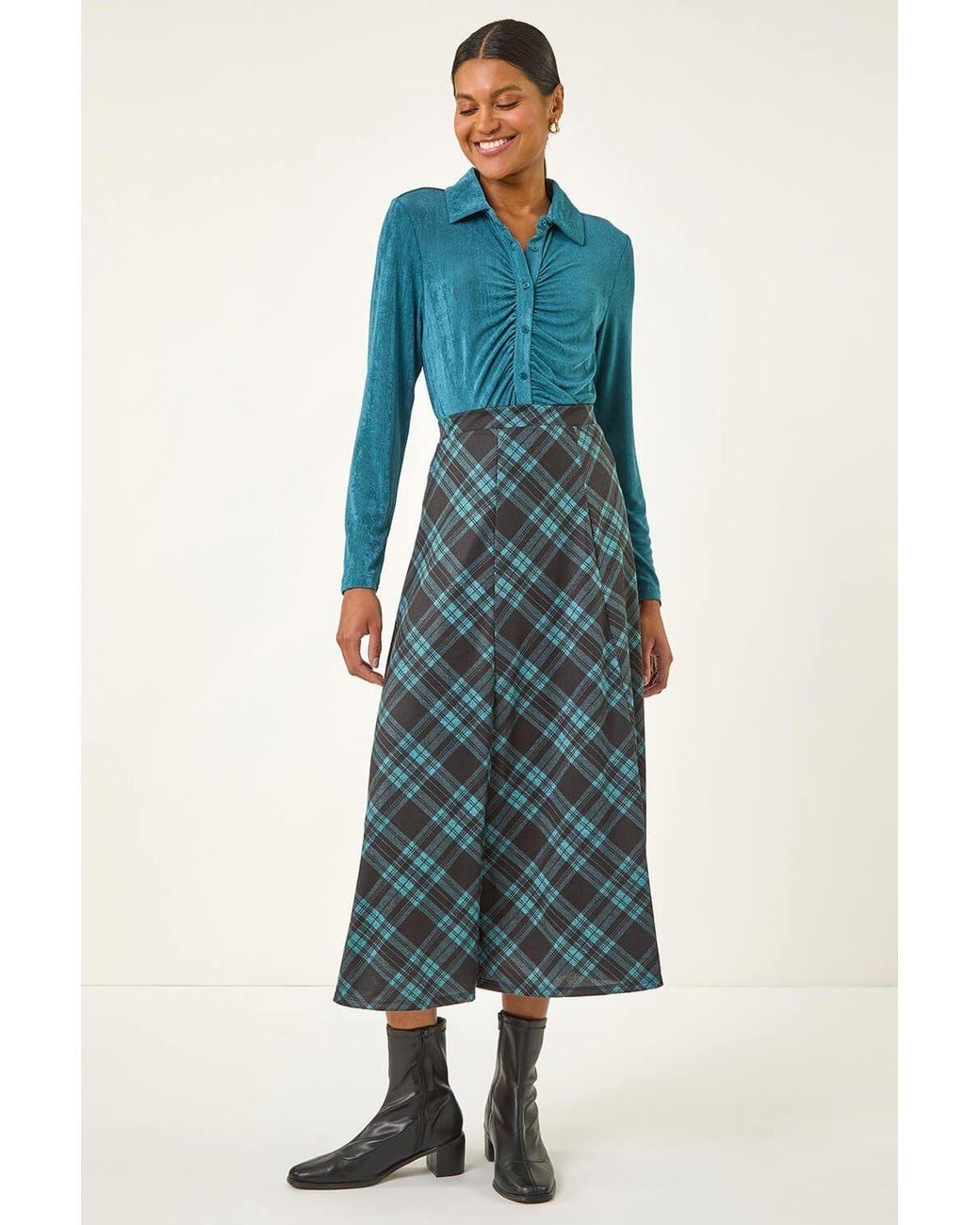 Roman Blue Panelled Check Midi Skirt