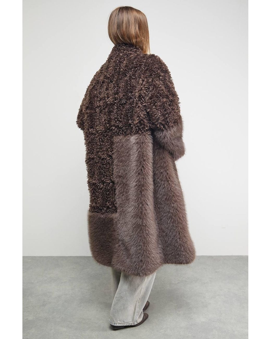 Warehouse Brown Patchwork Fur Midi Coat