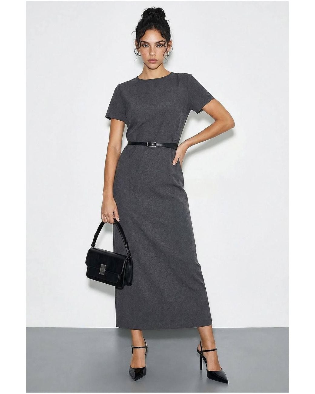 Bianco Lucci Multicolor Belted Midi Dress With Crew Neck