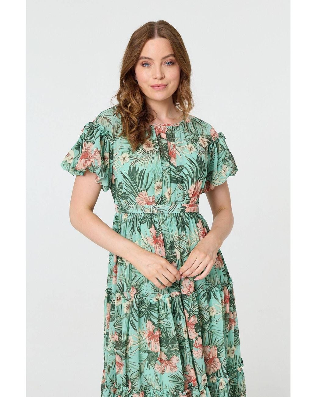 Izabel London Green Tropical Print Frill Tiered Midi Dress