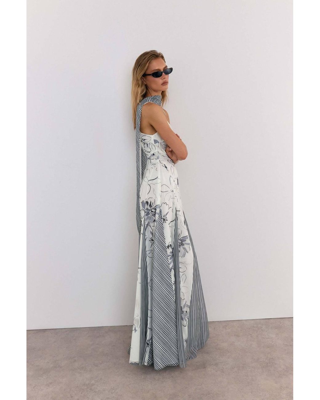 Warehouse Gray Print Mix Tie Neck Chiffon Panelled Maxi Dress