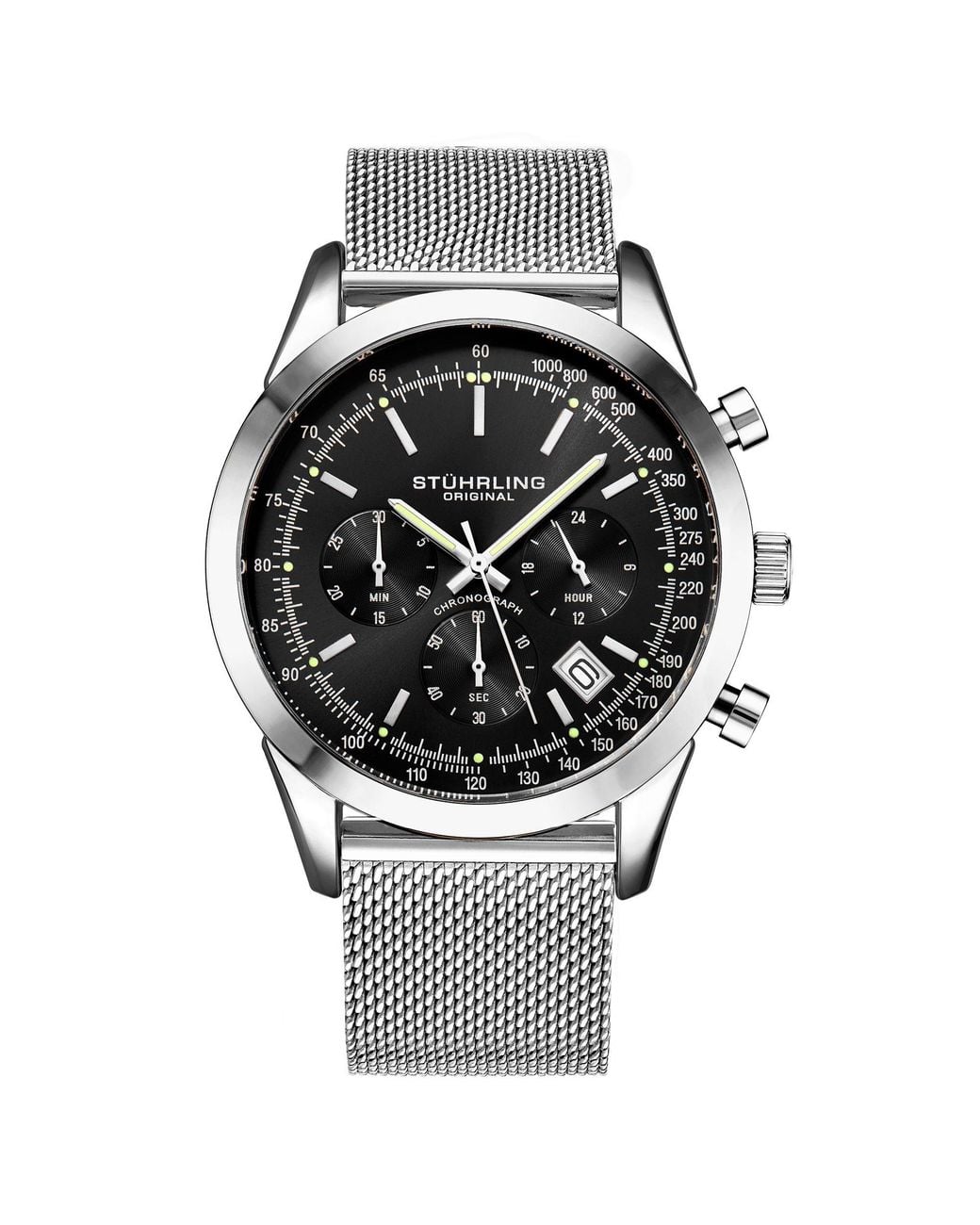 Stuhrling Metallic Rialto Chronograph Watch Quartz With Tachymeter 44Mm Case Mesh Bracelet for men