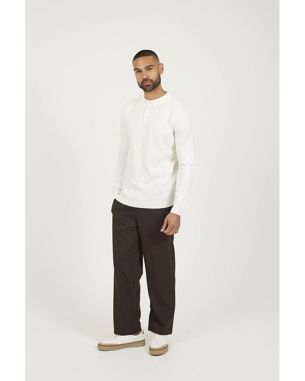 Brave Soul White Long Sleeve Knitted Polo for men