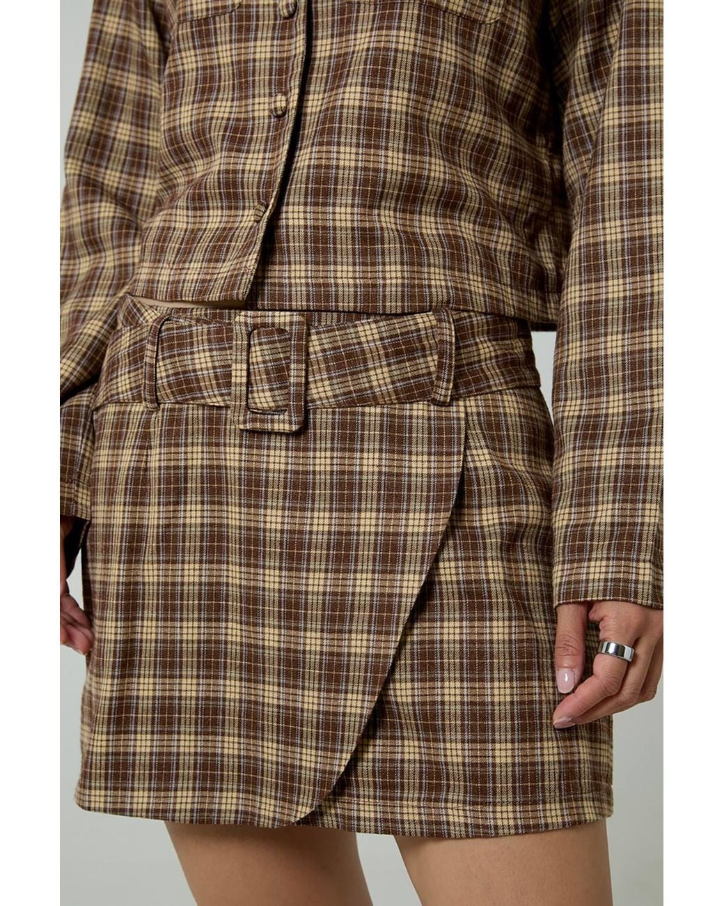 Neon Rose Brown Plaid Check A-Line Wrap Front Mini Skirt