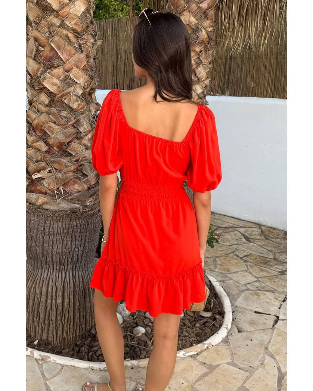 AX Paris Red Burnt Puff Sleeve Frill Hem Mini Dress