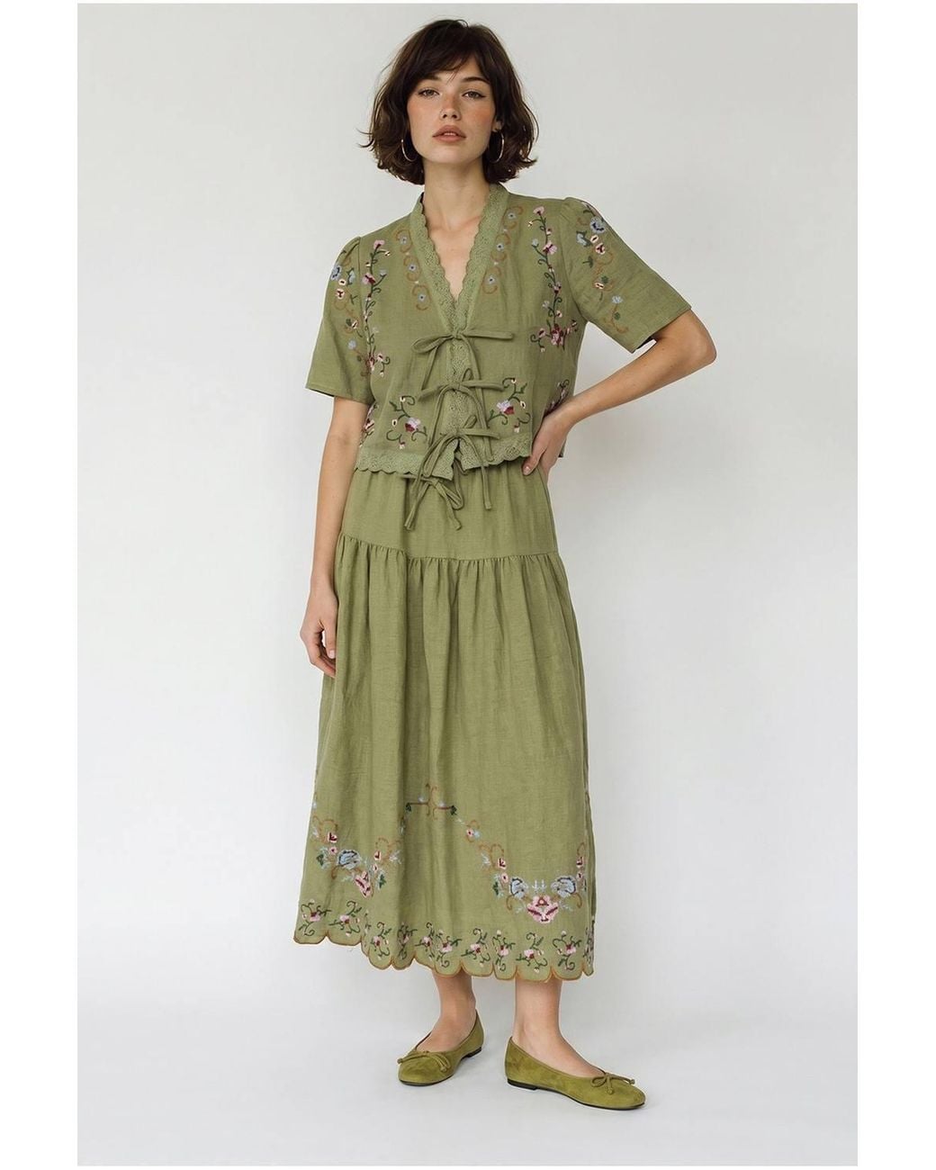 Bianco Lucci Green Embroidered V-Neck Midi Dress