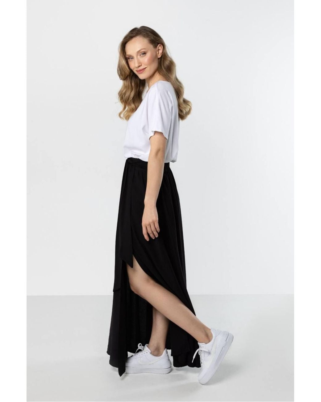Love Lace White Airy High Waist Tie Maxi Skirt With Slit
