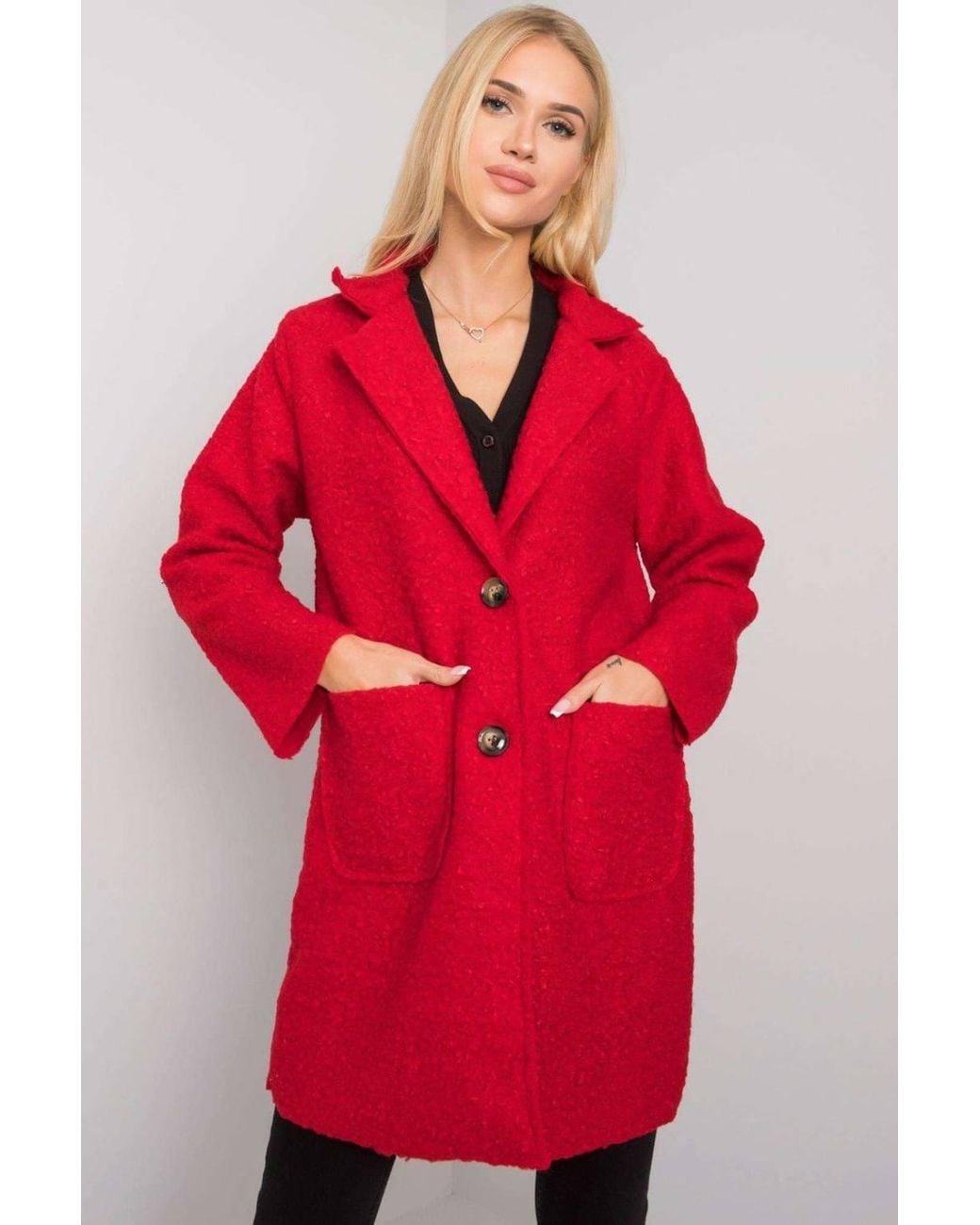Love Lace Red Boucle Coat With Button Closure Pockets