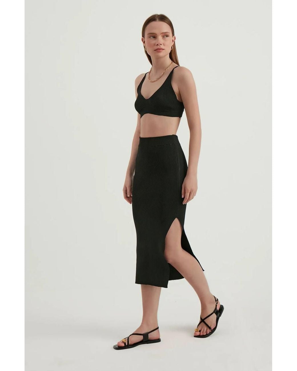 Hiccup Black 2 Pieces: V Neck Bodycon Crop Top & High Waist Maxi With A Side Slit