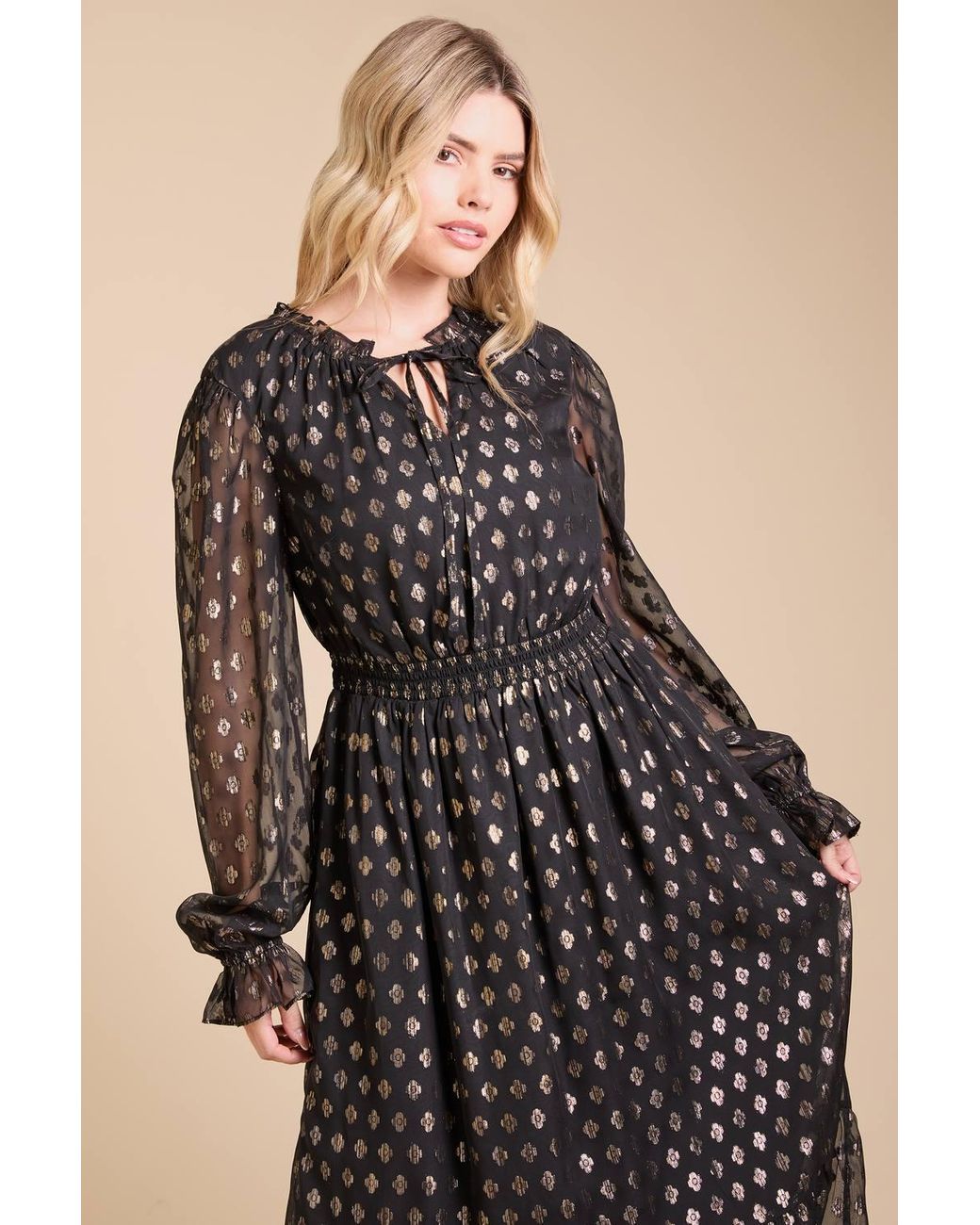 Dorothy Perkins Black Tie Neck Metallic Jacquard Blouson Sleeve Midaxi Dress