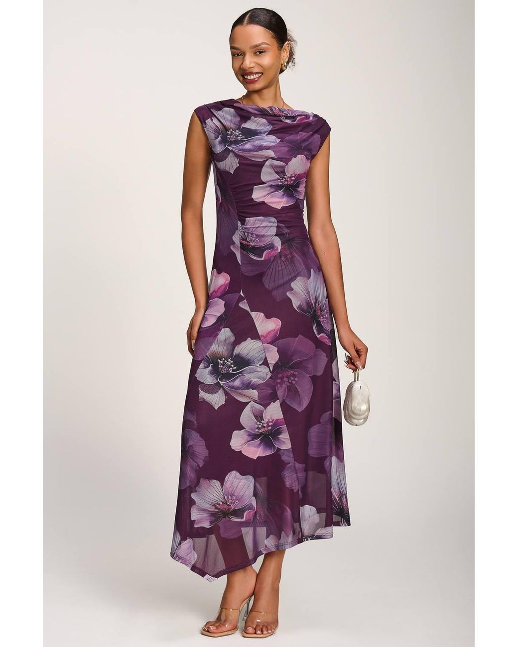 Jolie Moi Purple Asymmetric Draped Mesh Maxi Dress