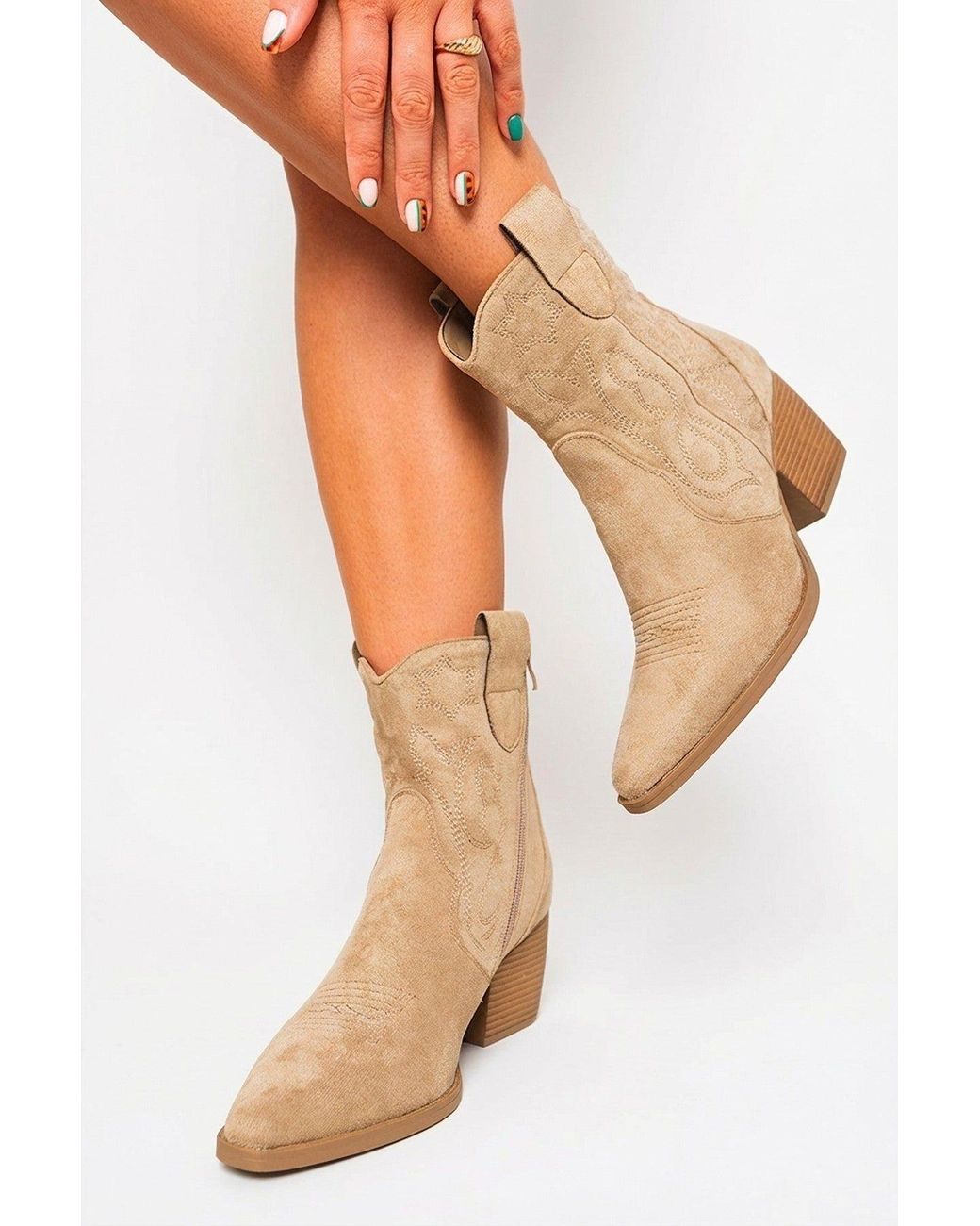 IKRUSH Natural Laura Faux Suede Cowboy Ankle Length Boots With Block Heel