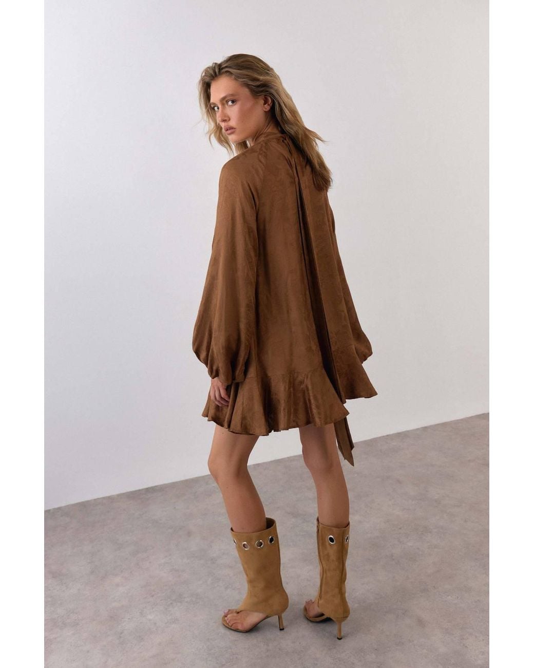 Warehouse Brown Jacquard Blouson Sleeve Mini Dress