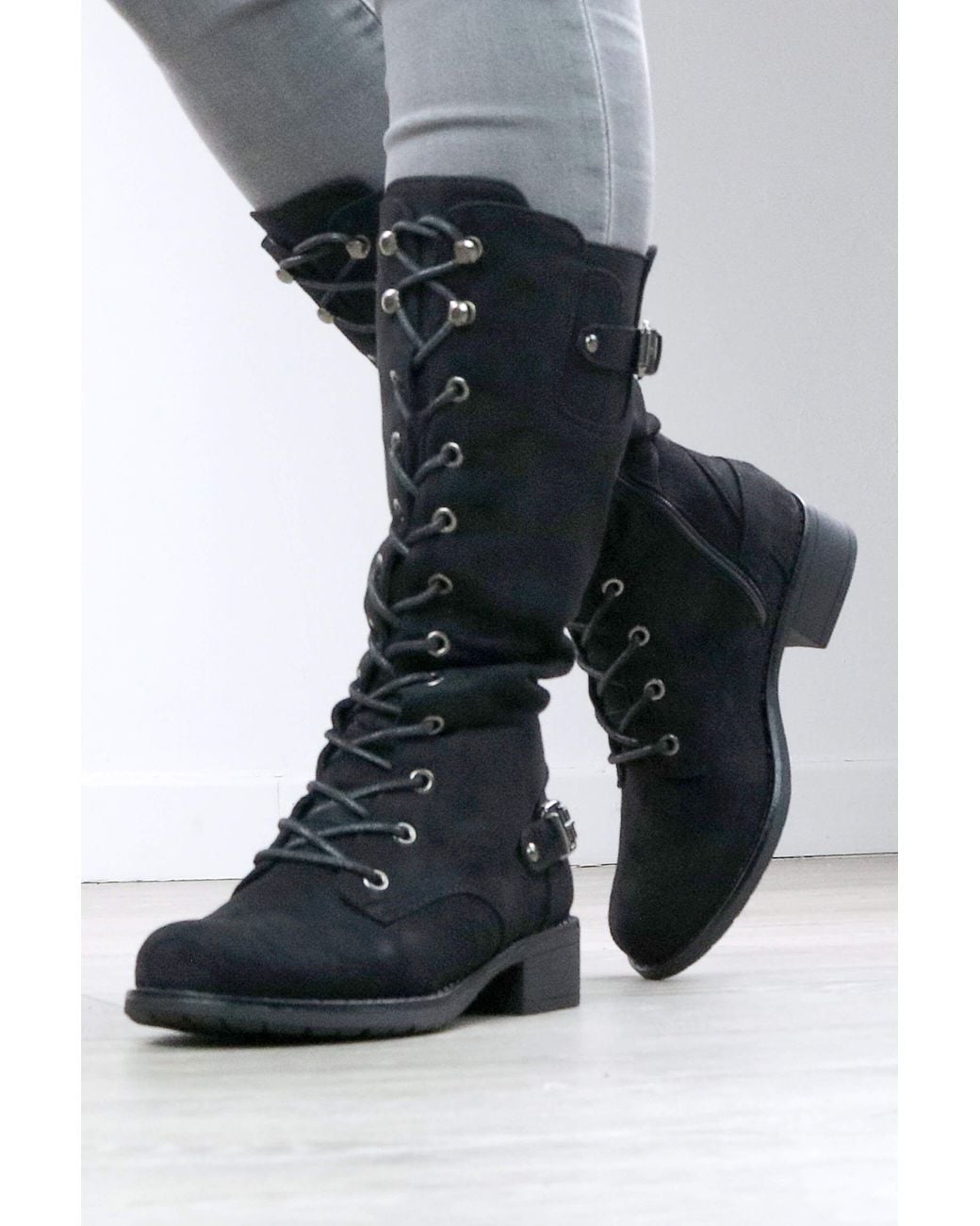 AJVANI Gray Lace Up Military Combat Biker Style Calf Boots
