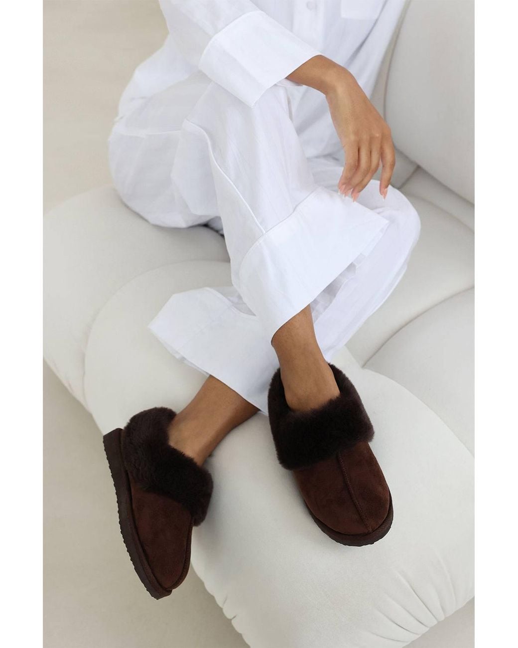 Where's That From White Inaya Mule Slippers With Faux Fur Collar Trim