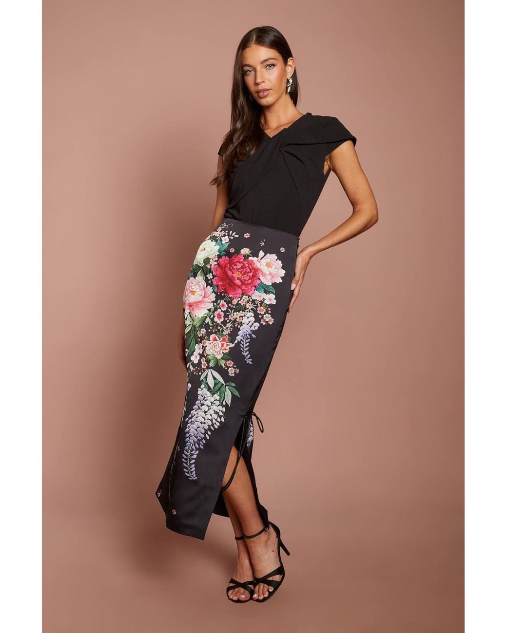 Coast Brown Printed Satin Midi Skirt