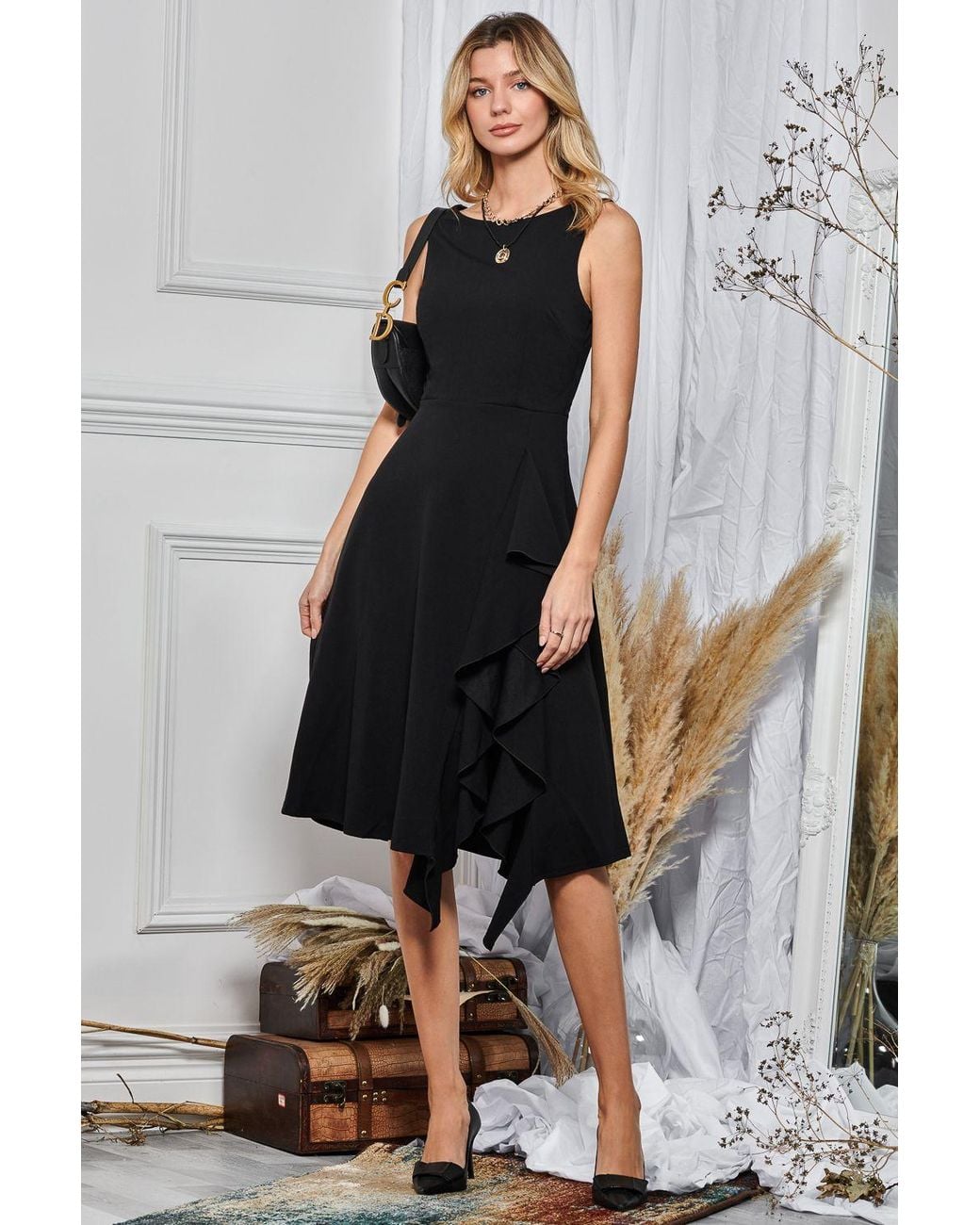 Jolie Moi Black Fit & Flare Ruffle Detail Midi Dress