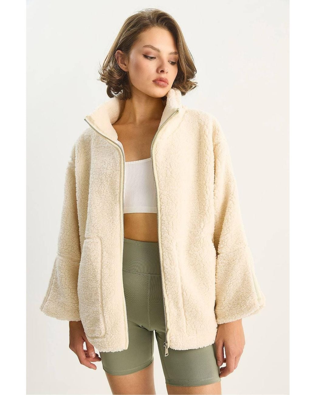 Bianco Lucci Natural Oversized Plush Jacket With Pockets