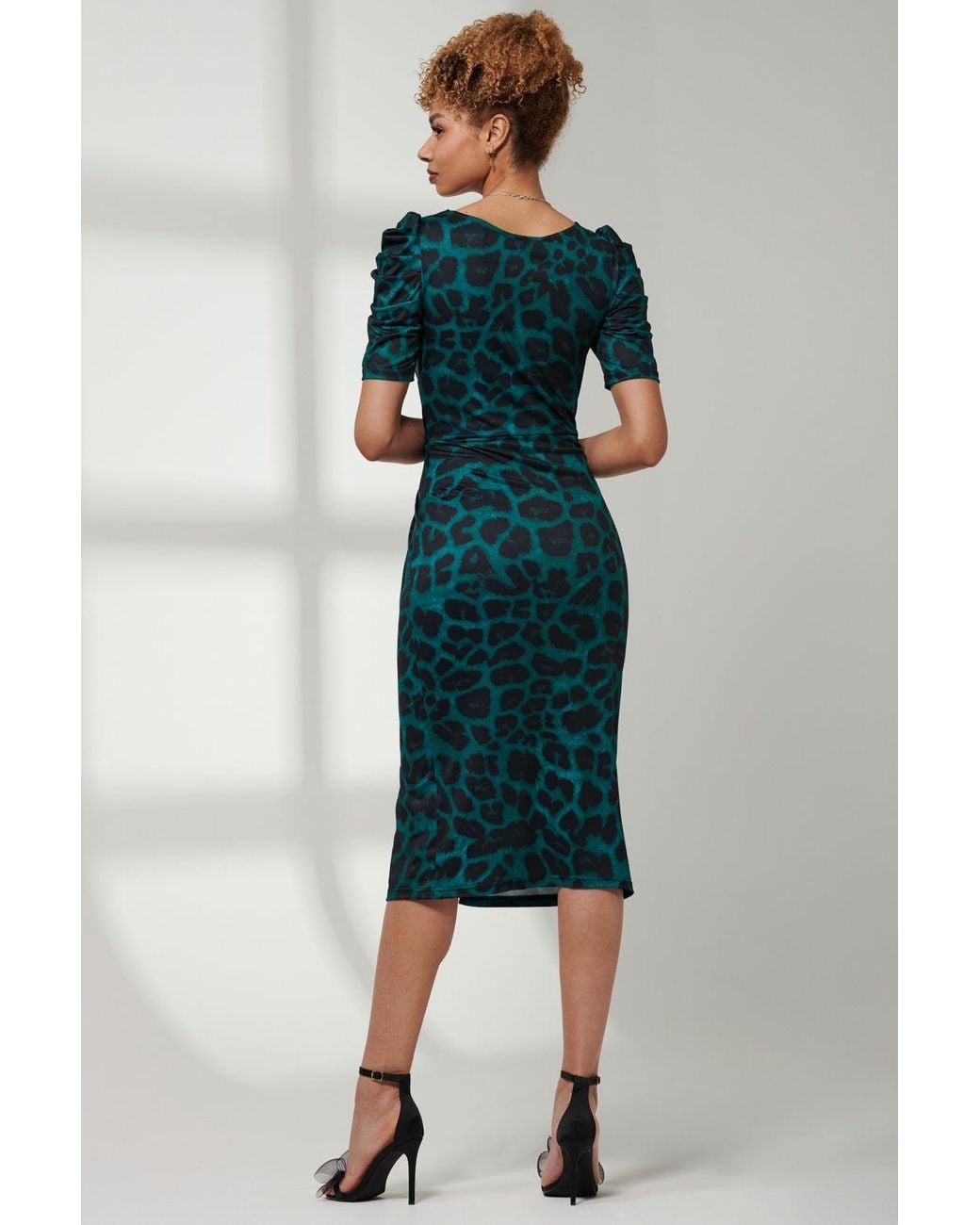 Jolie Moi Green Arica Jersey Puff Sleeve Bodycon Midi Dress