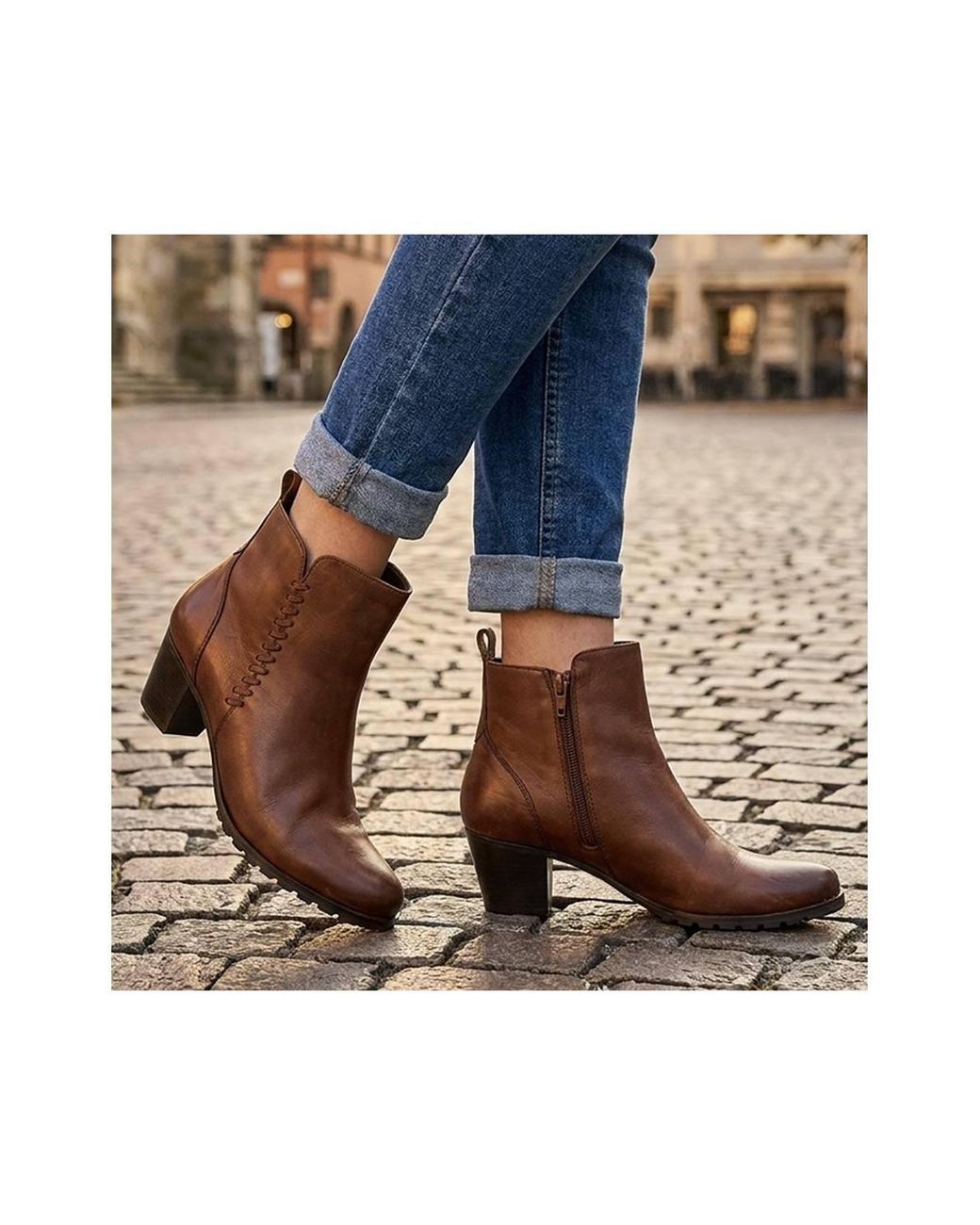 Pavers Brown Leather Stitch Pattern Ankle Boots