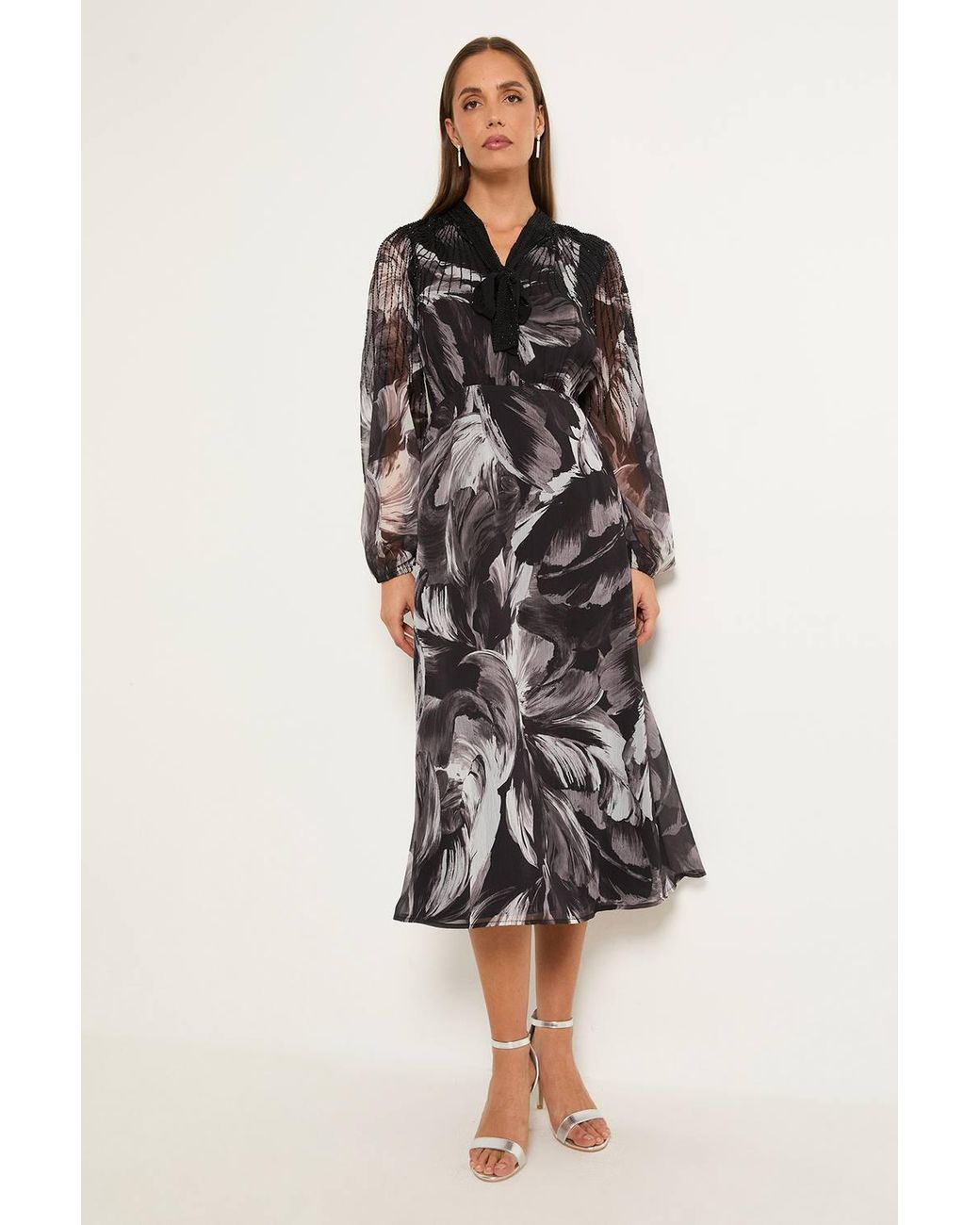 Wallis Black Feather Embellished Tie Neck Midi Dress