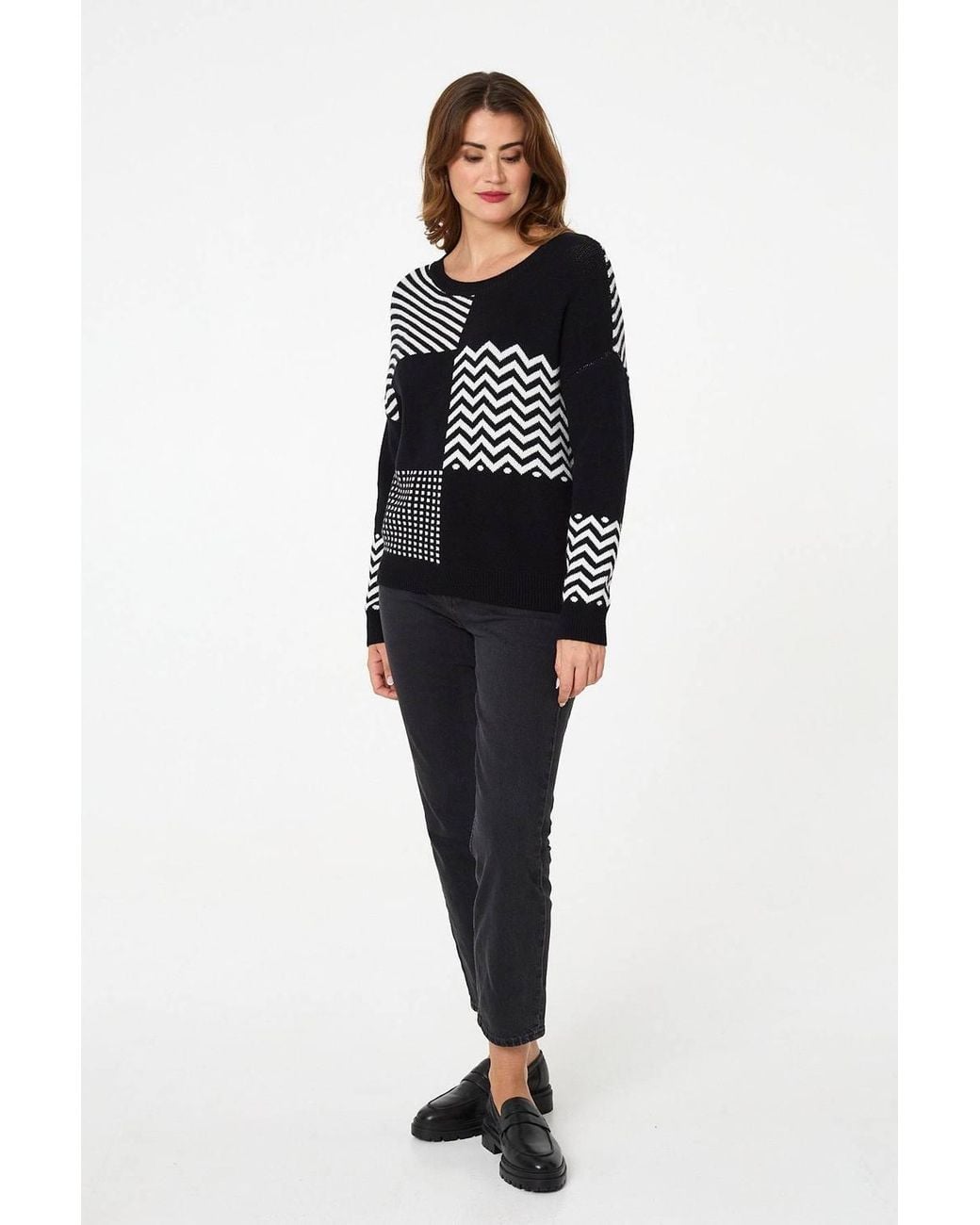 Izabel London Black Geo Print Drop Shoulder Relaxed Jumper