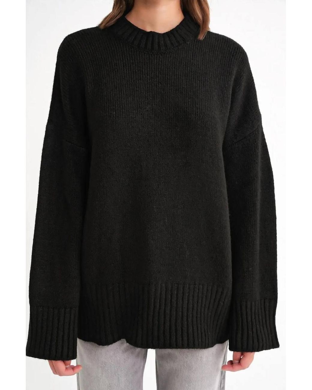 MixRay Black Oversized Ribbed Knit Sweater With Crew Neck