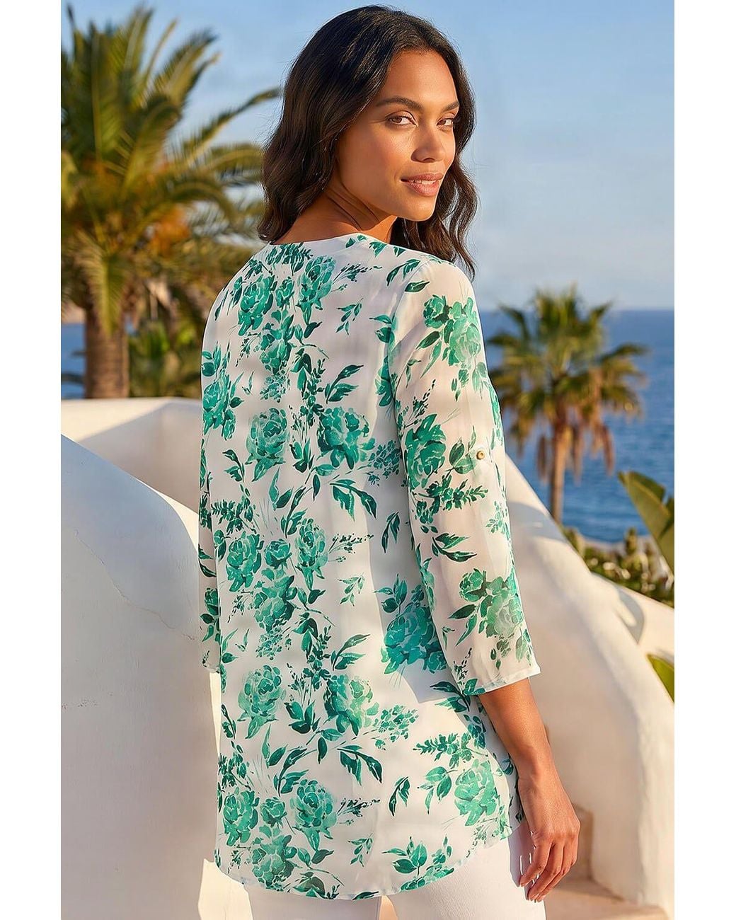 Roman Green Floral Print V-Neck Button Front Top