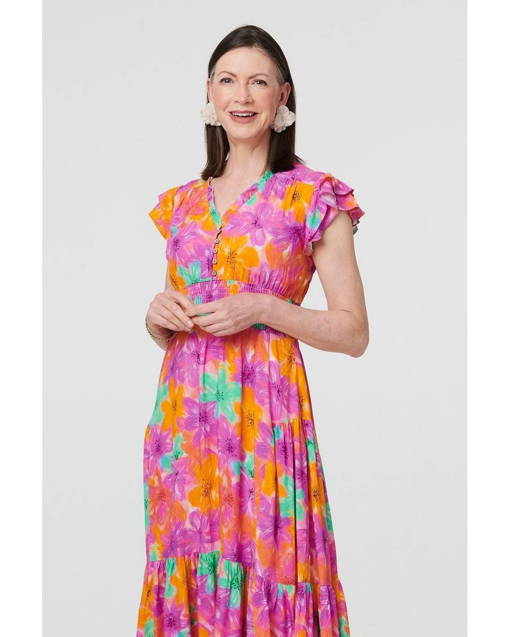 Izabel London Red Floral V-Neck Cap Sleeve Maxi Dress