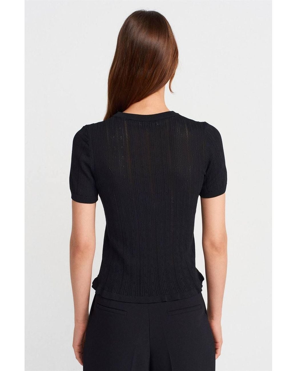 Dilvin Black Textured Ribbed Short-Sleeve Blouse