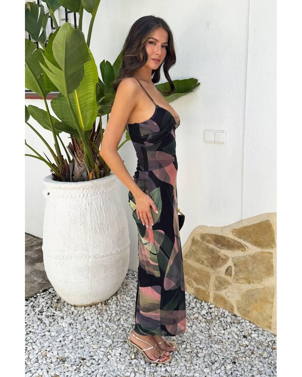 AX Paris Multicolor Multi Leaf Print Strappy Knot Detail Mesh Midi Dress