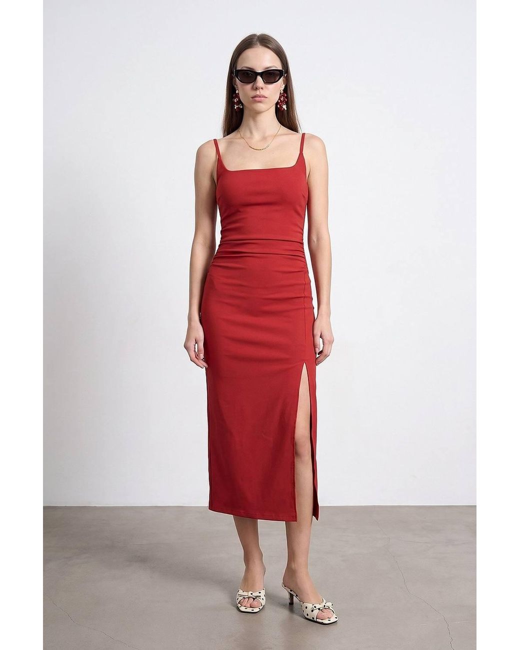 Dilvin Red Sleeveless Bodycon Midi Dress