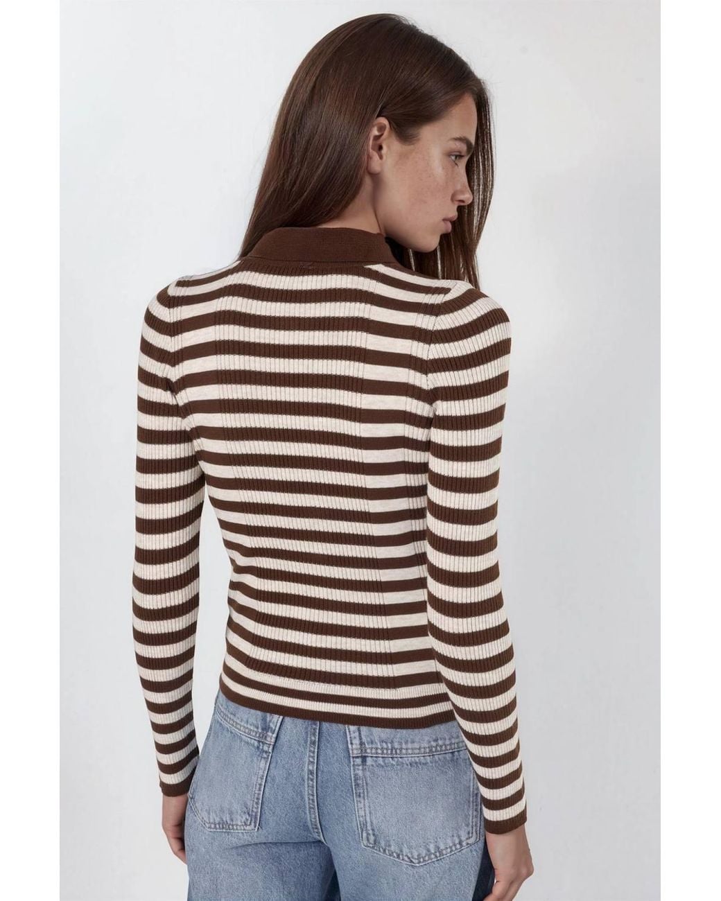 Hiccup Brown Striped Ribbed Button Polo Sweater