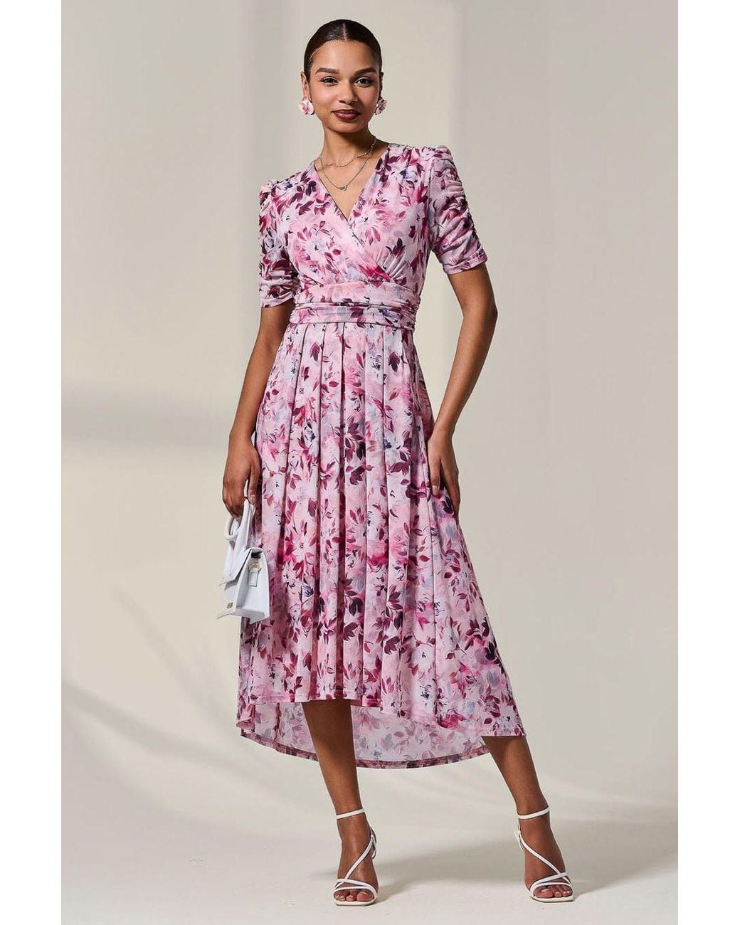 Jolie Moi Pink Petite Wrap Front Ruched Sleeve Midi Dress