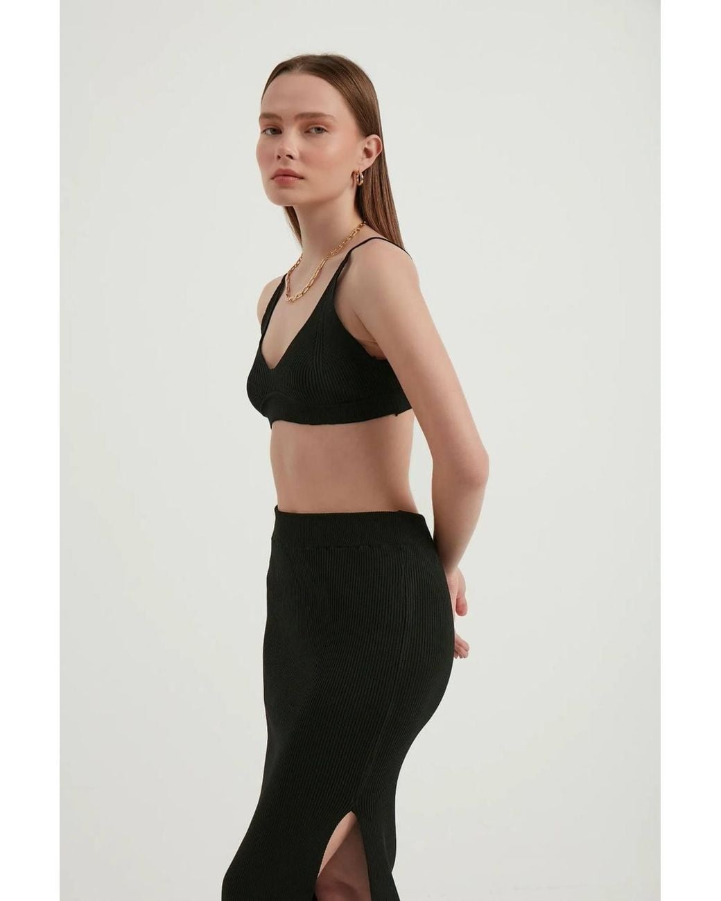 Hiccup Black 2 Pieces: V Neck Bodycon Crop Top & High Waist Maxi With A Side Slit