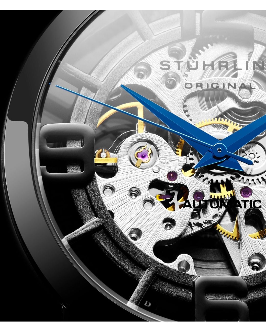 Stuhrling Black Winchester Automatic 42 Mm Skeleton Watch With Leather Band for men