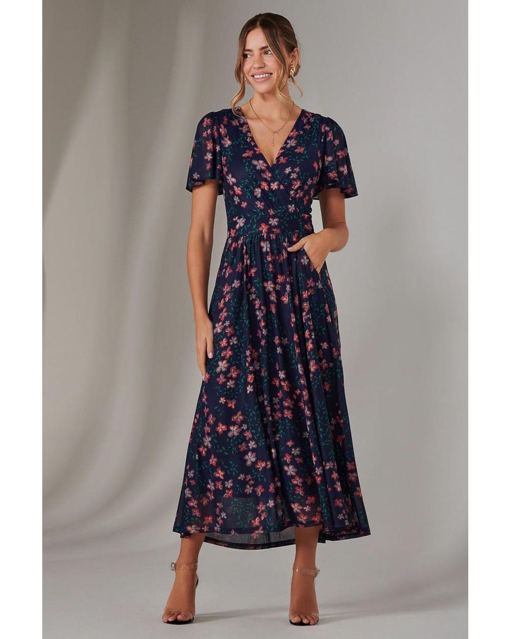 Jolie Moi Blue Mesh Short Sleeve Midaxi Dress