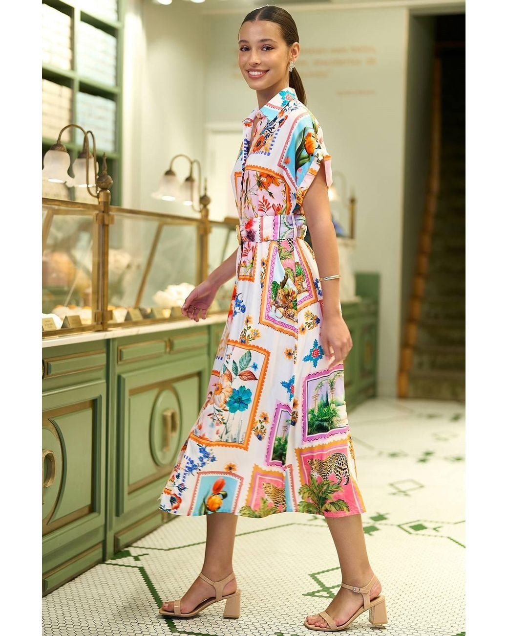 Yumi' White Ivory Tropical Postcard Print Relaxed Midi Shirt Dress