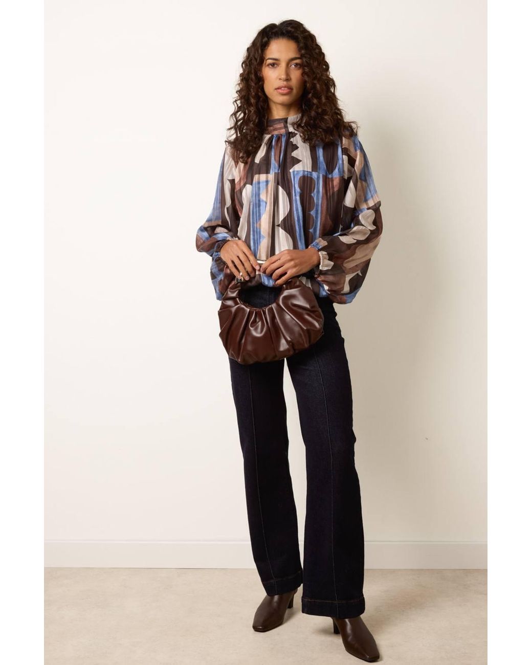 Blue Vanilla Brown Long Sleeve Round Neck Blouse