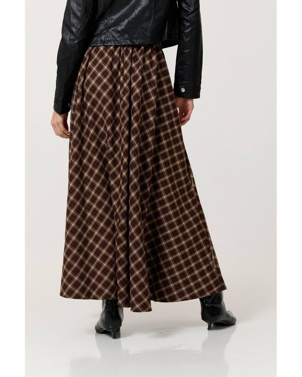 Liquorish Brown Check Belted Maxi Skirt