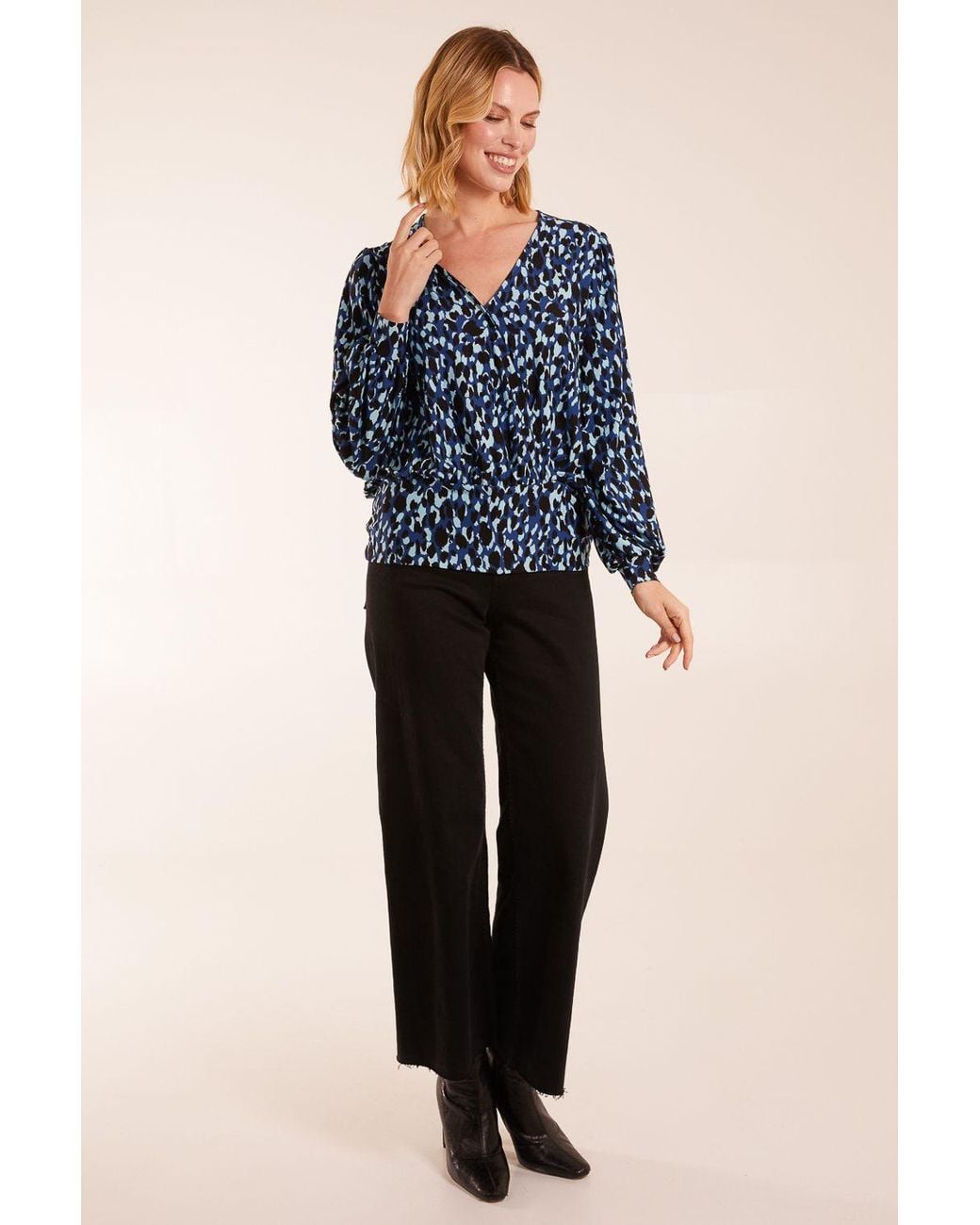 Blue Vanilla Blue Wrap Front Geometric Deep Hem Band Top