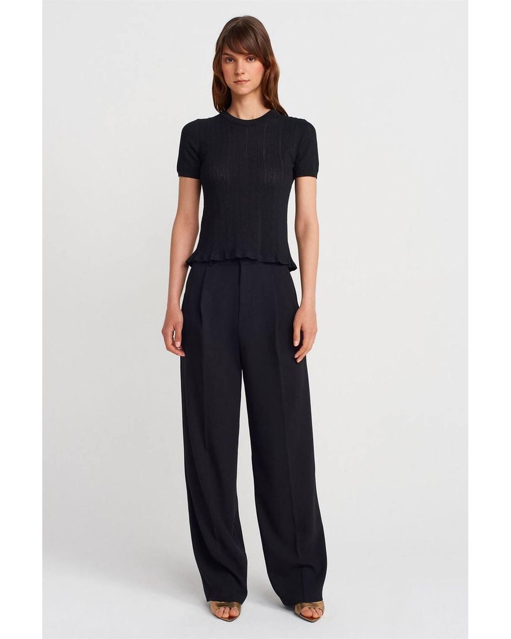 Dilvin Black Textured Ribbed Short-Sleeve Blouse