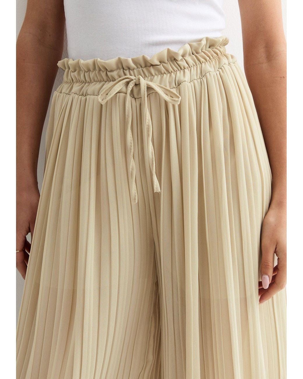 Gini London Natural Elasticated Waist Plisse Wide Led Trouser